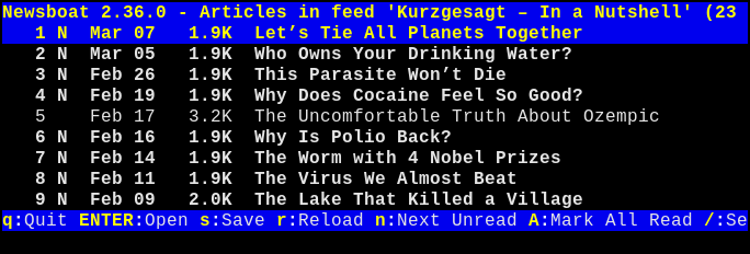 Newsboat open on “Kurzgesagt”’s feed