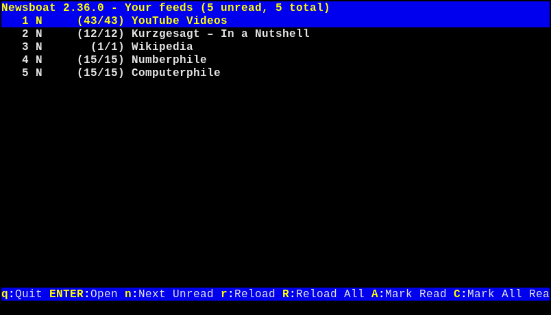 Newsboat displaying the query feed at the top, followed by the individual YouTube channel feeds.