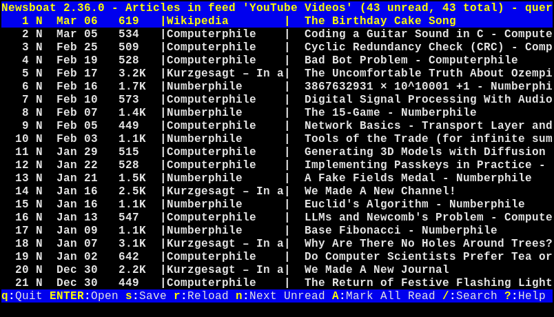 Opening the query feed lists all new videos together, sorted by recency.